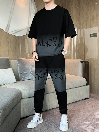 Men's Summer Casual Cotton Blend Outfit Set - Gradient Color Short Sleeve T-Shirt & Stylish Drawstring Shorts, Machine Washable