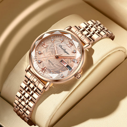 POEDAGAR Women's Luxury Quartz Watch, Luminous with Dual Calendar & Date Display, Stainless Steel Band