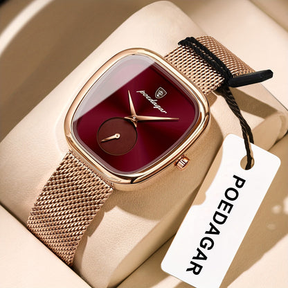 POEDAGAR Elegant Women's Quartz Watch - Waterproof, Stainless Steel Mesh Band, Rose Golden Square Dial, Black Strap, Perfect for Parties & Casual Attire, Stylish Timepiece | Elegant Design | Mesh Strap Watch, Watch Accessorie