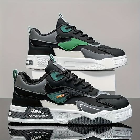 Men's Low-Top Skate Sneakers - Black with Teal Accents, PU Upper & PVC Sole, Slip-Resistant Comfortable Lace-Up Shoes for Urban Streetwear, Outdoor Sports, All-Season Casual Wear, Skate Shoes, Modern Street Style, Durable Fab