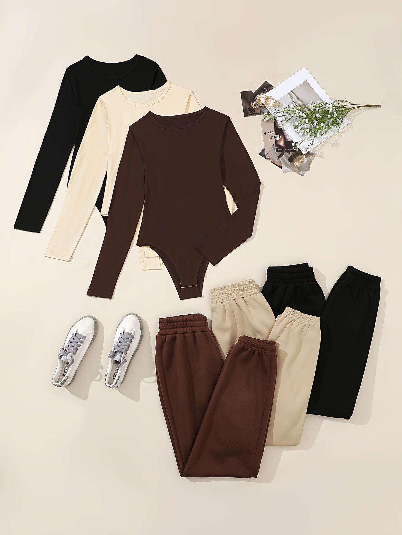 6pcs Casual Solid Color Polyester Knit Bodysuits and Sweatpants Set with Crew Neck - Stretch-Fit Comfort for All Seasons