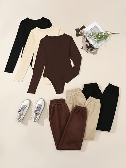 6pcs Casual Solid Color Polyester Knit Bodysuits and Sweatpants Set with Crew Neck - Stretch-Fit Comfort for All Seasons
