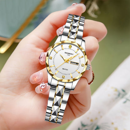 1pc BANBONY Women's Stainless Steel Quartz Watch with Rhinestone Accents, Scratch-Resistant Luminous Dial, IPX7 Waterproof, Week Calendar Display, Blue Dial & Golden-Tone Case - Luxury Casual Sports Watch for Birthdays, Holid