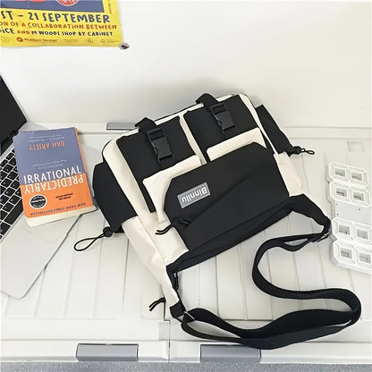 Trendy Nylon Messenger Bag - Casual Japanese-Inspired Shoulder Bag with Adjustable Strap, Large Capacity, Multi-Pocket Design for School & Sports, Blue & White