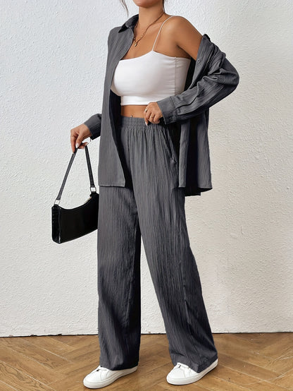 2pcs Women Spring & Autumn Casual Solid Color Long Sleeve Shirt And Pants Set
