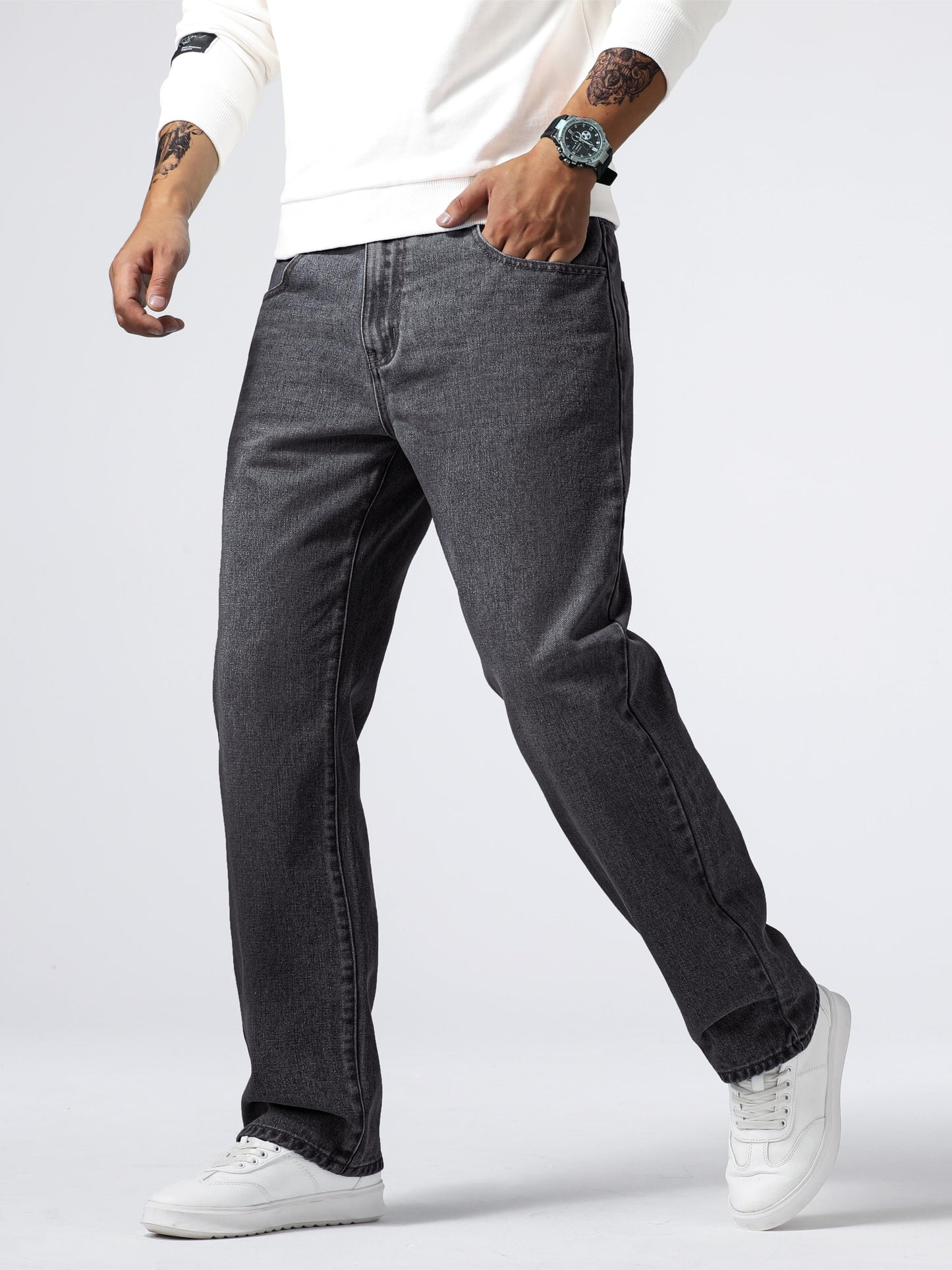 Men'S Loose Fit Straight Leg Jeans, Cotton 85% Polyester 15% Denim, Washed Solid Color Casual Style