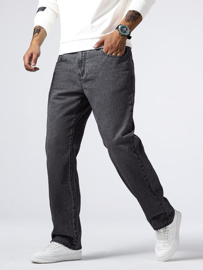 Men'S Loose Fit Straight Leg Jeans, Cotton 85% Polyester 15% Denim, Washed Solid Color Casual Style