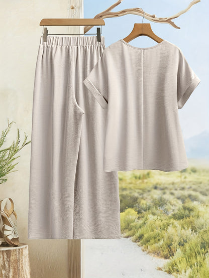 Women's Solid Color Contrast Lace Short Sleeve Top and Wide Leg Pants Casual Two-Piece Set