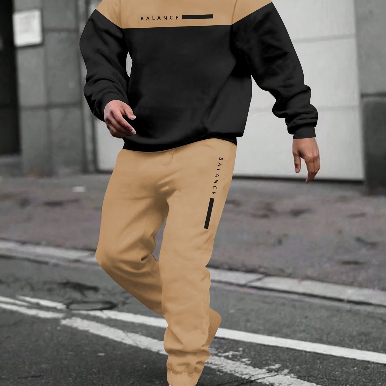 Men'S Fall/Winter Casual Polyester Sweatsuit Set - Long Sleeve Hooded Top with Letter Print & Patchwork Design, Regular Fit Drawstring Joggers, Knit Fabric, Slight Stretch