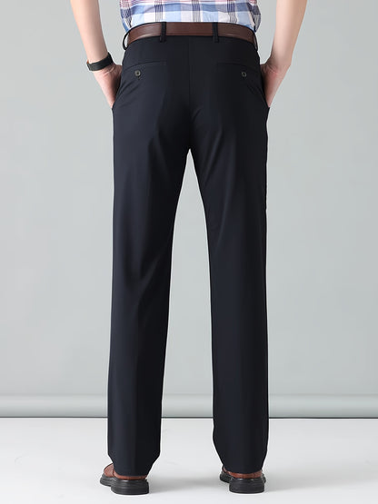 Men's Classic Straight Fit Pants - Lightweight Polyester Blend, High Waist, Button Closure, Suitable for Year-Round Wear