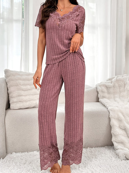 A Two-Piece Set Featuring a Solid Color Short-Sleeve Top with Lace Patchwork And Matching Long Pants.