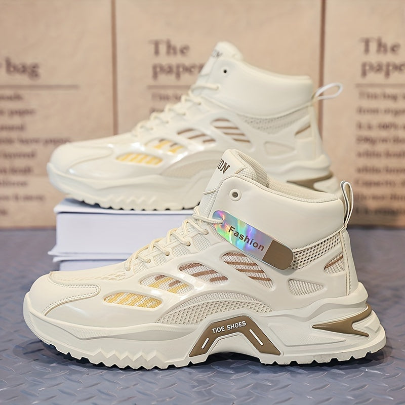 Fashion Mid-Top Sneakers for Men - Casual Street Style Athletic Shoes with Graphic Pattern, Lace-Up Closure, All-Season Round Toe Trainers with PU Upper, Fabric Lining & Insole, Anti-Slip PVC Sole