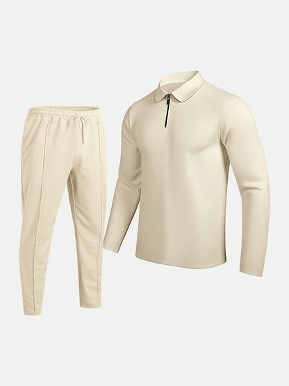 Summer Men's Casual Suit Solid Color Long Sleeve Top Long Pants Half Zipper Lapel Men's Suit Lightweight Breathable Street Casual Peplum Suit