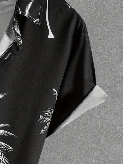 Coconut Tree Print, Men's 2Pcs Outfits, Casual Camp Collar Lapel Button Up Short Sleeve Shirts Hawaiian Shirt And Drawstring Shorts Set For Summer, Men's Clothing