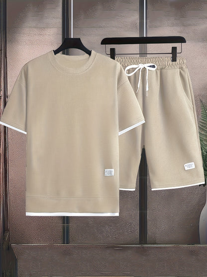 Waffle short-sleeved T-shirt Men's casual sports suit summer loose fake two-piece half-sleeve T-shirt set