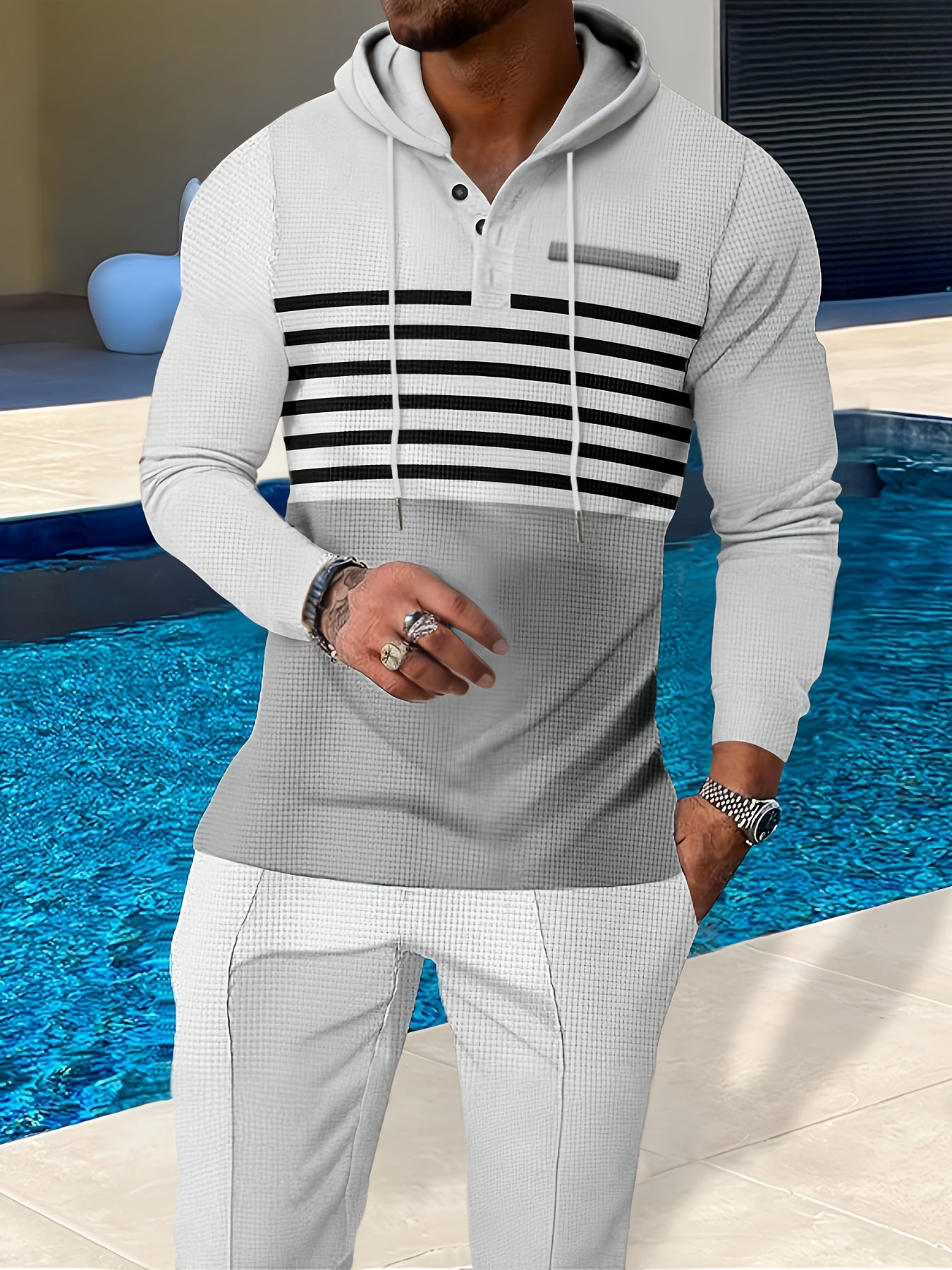 New Men's Casual Set Outdoor Versatile High Fashion Men's Hoodie Color blocked Striped Long Sleeve Top Long Pants Two Piece Set for Men