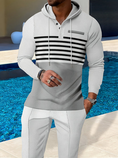 New Men's Casual Set Outdoor Versatile High Fashion Men's Hoodie Color blocked Striped Long Sleeve Top Long Pants Two Piece Set for Men