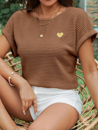 Women'S Black Knit Short Sleeve Top with Golden Heart Design - Casual Crew Neck, Spring/Summer Fashion, Casual Wear|Crew Neck Top|Knit Texture