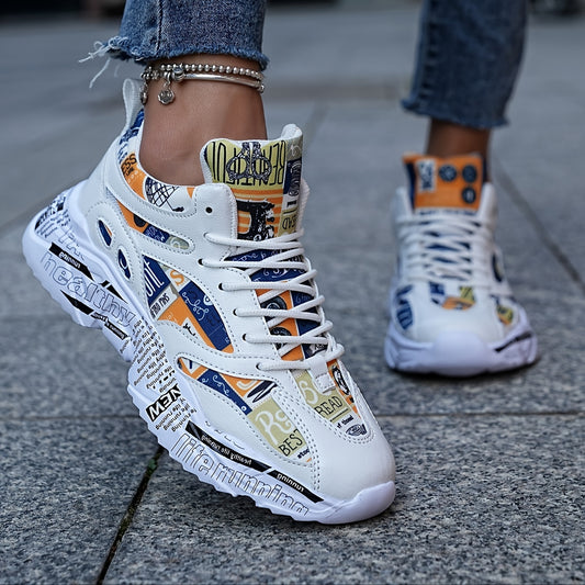 Men'S & Women'S Graffiti Couple Sneakers, All-Season Lightweight Cushioned Running Shoes, Stability Pronation, Cartoon Pattern, MD Sole, EVA Insole, Polyurethane Upper, Fabric Lining