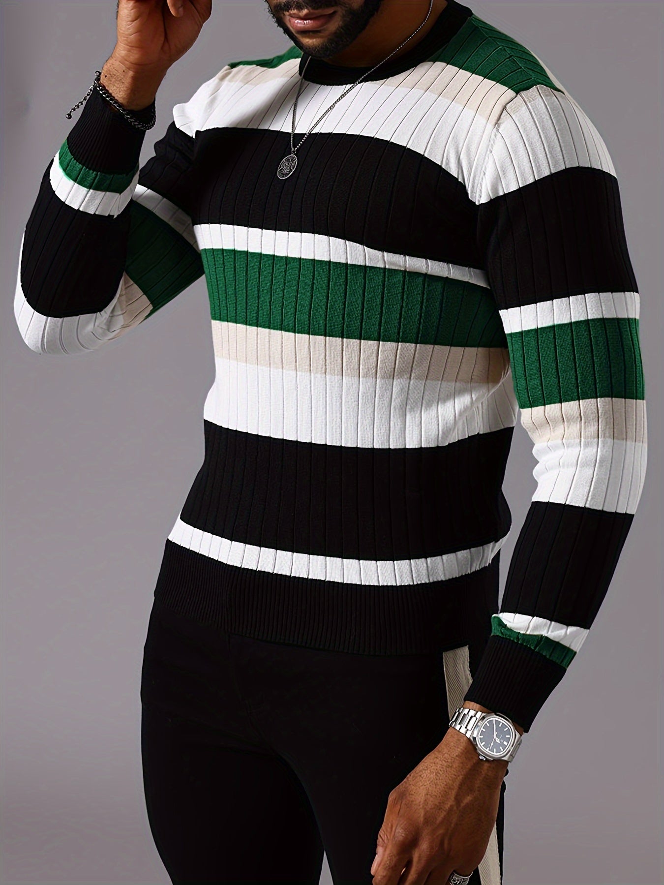 Men's Striped Color-Block Ribbed Knit Sweater - Long Sleeve Round Neck Pullover with Elastic Comfort Fit, Machine Washable Casual Fall Winter Top in Black/White/Green/Beige, Knit Sweater, Medium Elasticity