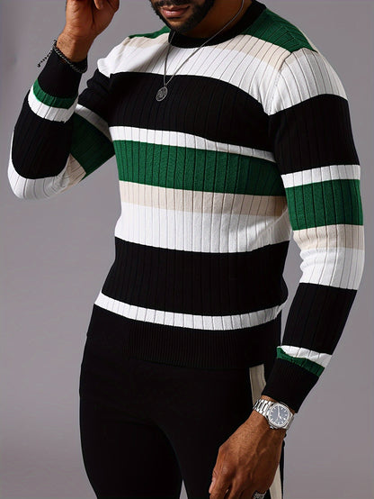 Men's Striped Color-Block Ribbed Knit Sweater - Long Sleeve Round Neck Pullover with Elastic Comfort Fit, Machine Washable Casual Fall Winter Top in Black/White/Green/Beige, Knit Sweater, Medium Elasticity