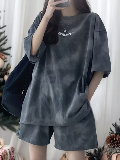 Letter Print Hong Kong Style Comfortable Casual Loose Short Sleeve Shorts Set, Summer Women's Fashionable Versatile Slimming Casual Running Sports Suit Two-Piece Couple Set, Large Size Women's Casual Sports Suit