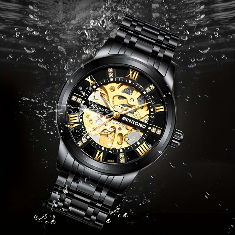 Stylish Men'S Fashion Casual Hollow Out Movement Mechanical Watch Waterproof Luminous Automatic Mechanical Watch, Without Battery