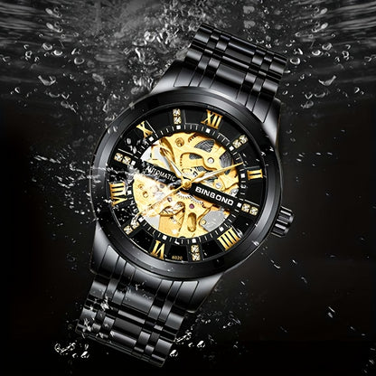 Stylish Men'S Fashion Casual Hollow Out Movement Mechanical Watch Waterproof Luminous Automatic Mechanical Watch, Without Battery