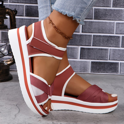 Women's Adjustable Hook-and-Loop Strap Wedge Sandals - Breathable Fabric Upper & Thick Cushioned Mid-Heel, Open-Toe Summer Casual Shoes with PU Sole for Beach, Office, Shopping, Chunky Heel Sandals, Beach Footwear, Stylish Fo