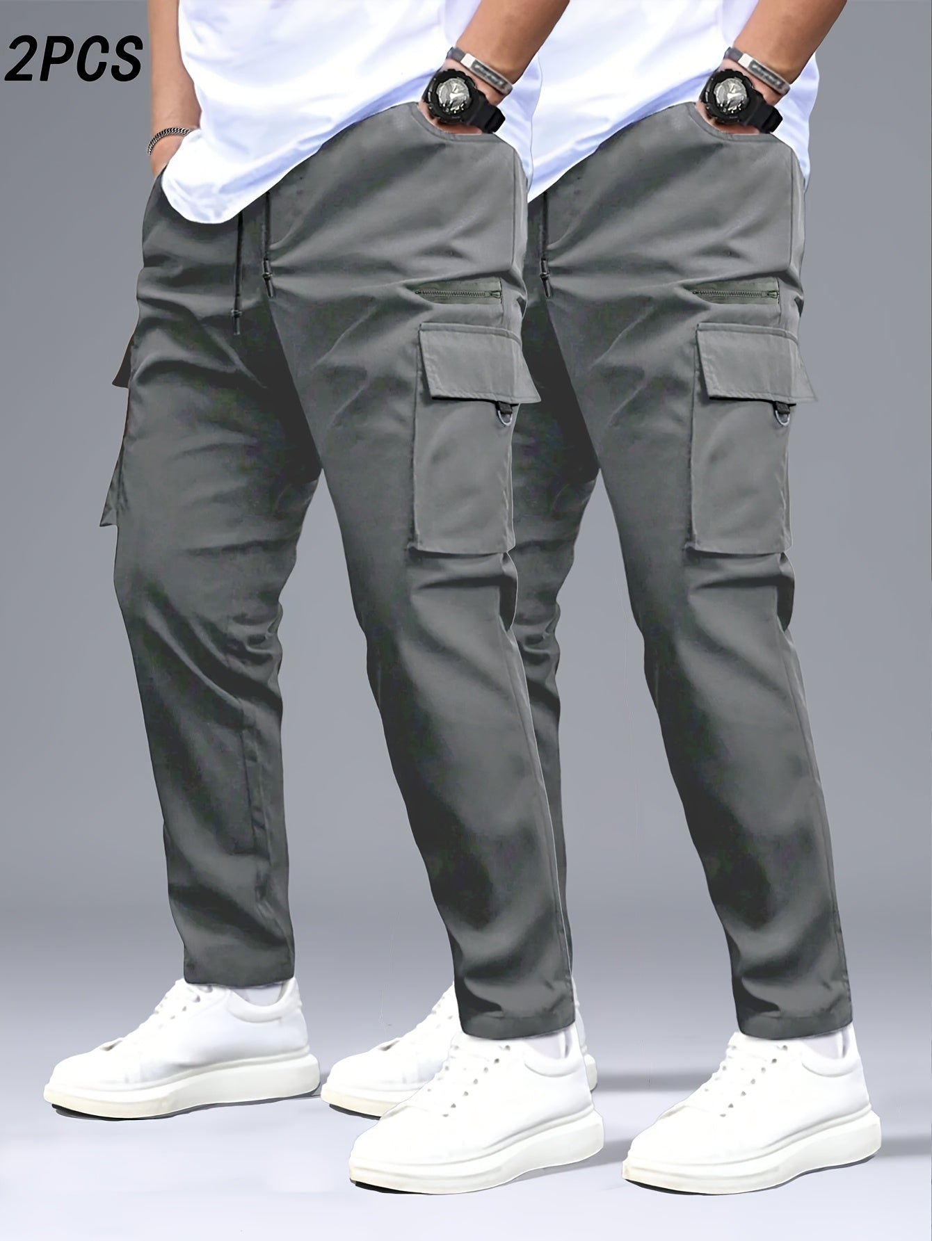 2pcs Men's Cargo Pants, Black & Gray with Drawstring Waist and Multiple Pockets, Durable Polyester, Ideal for Outdoor Activities and Casual Wear, Casual Wear Pants | Multiple Pocket Design | Durable Fabric Pants