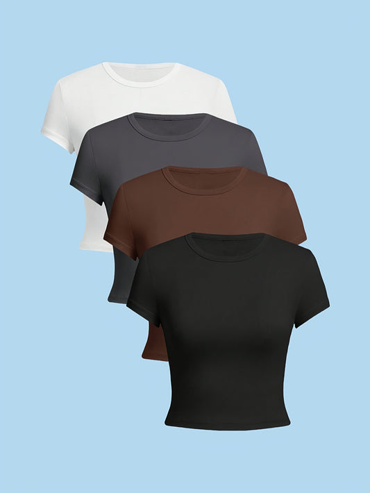 4pcs Women'S Casual Solid Color Short Sleeve T-Shirts - High Stretch, Crew Neck, Comfortable & Stylish for All Seasons, Versatile Layering Essentials | Simple Chic Tops | Polyester Blen