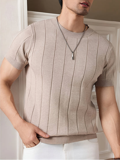 Men's Slim Fit Striped Textured Knit Crew Neck T-Shirt - High Elasticity Short Sleeve Casual Top for Spring/Autumn, Breathable Daily Leisurewear, Spring Fashion, Classic Style, Durable Construction, Pullover Shirt, Stylish Me