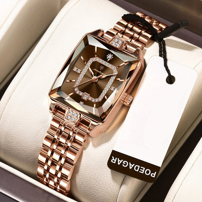POEDAGAR Elegant Women's Quartz Watch - Rose Golden Stainless Steel, (3ATM), Square Dial with Gemstone Accents, Date Display, Luxury Fashion Accessory for Casual or Formal Occasions