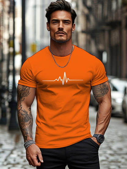 Men'S Brown T-Shirt with ECG Heartbeat Graphic - Casual Streetwear, Short Sleeve, Round Neck, Stretch Fabric, All-Season Comfort, Casual Streetwear Tee | Round Neck Tshirt | Comfortable Fit
