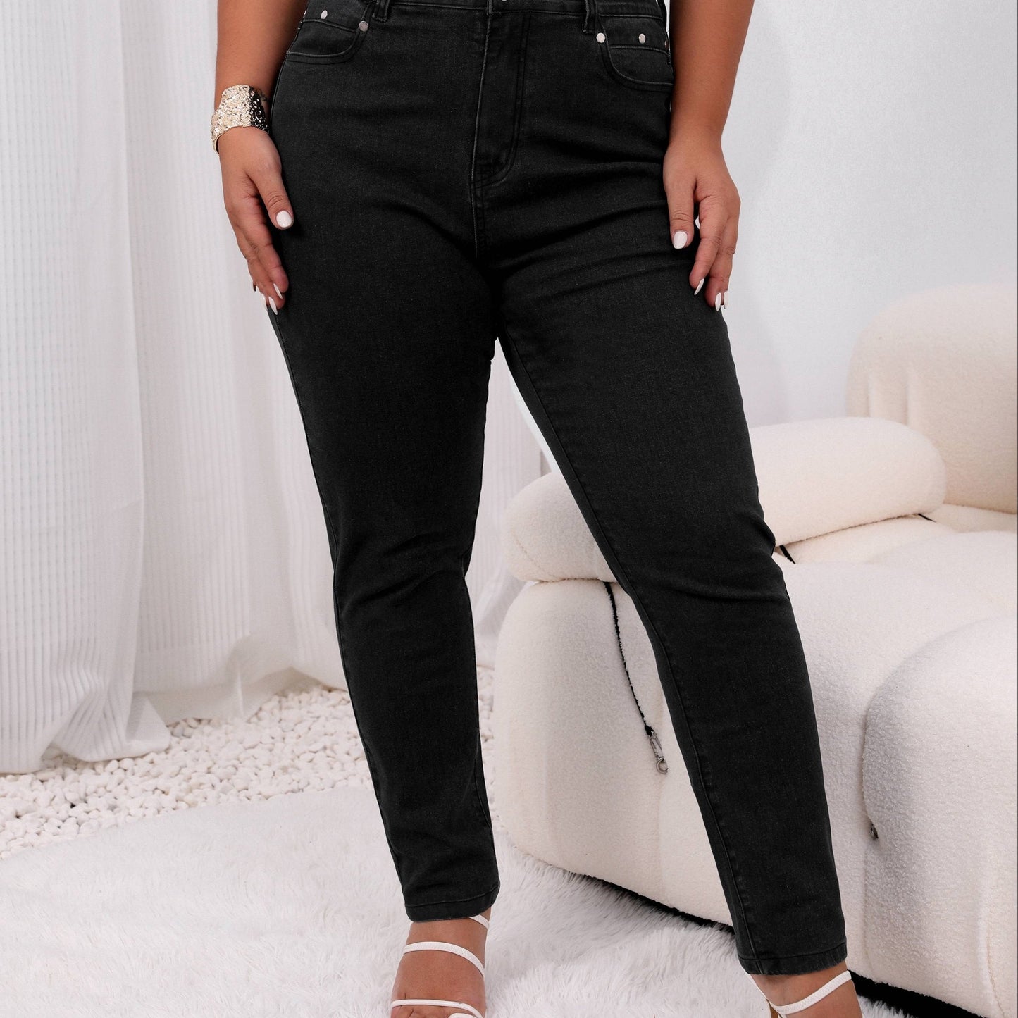 Plus Size Casual Jeans, Women's Plus Solid Button Fly High Rise High Stretch Jeans