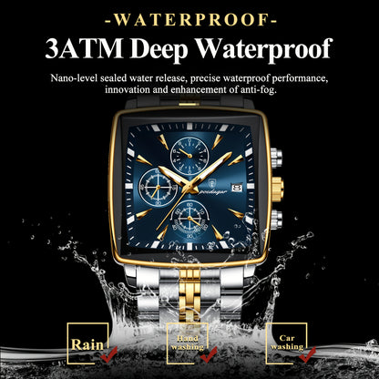 POEDAGAR Men's Stainless Steel Luminous Watch - Blue Dial Chronograph, High Quality Quartz Movement with Date Calendar, Golden-Tone Accents for Business Casual & Casual Attire, Formal Accessory, Stylish Accessory, Refined Cra