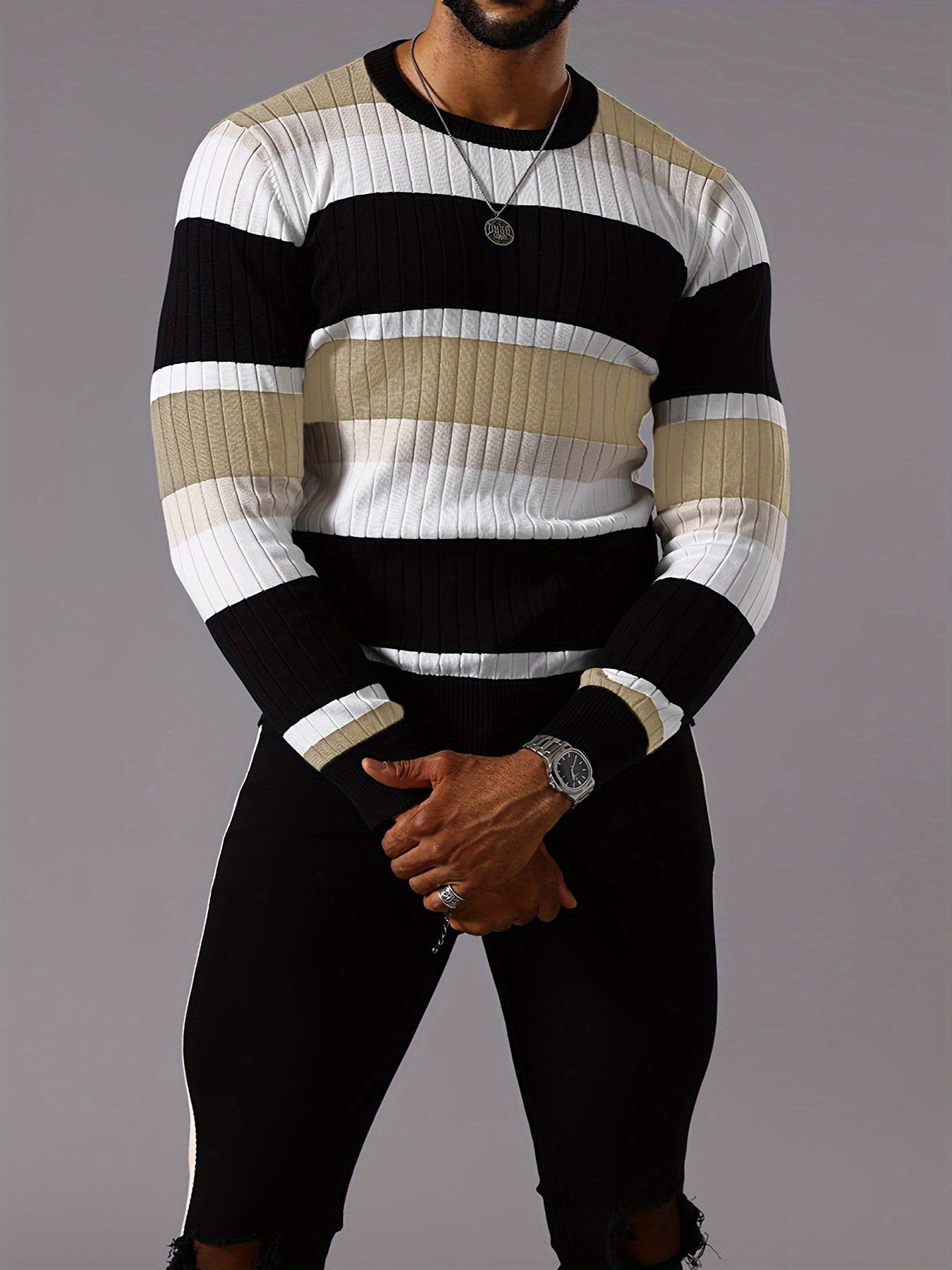 Men's Striped Color-Block Ribbed Knit Sweater - Long Sleeve Round Neck Pullover with Elastic Comfort Fit, Machine Washable Casual Fall Winter Top in Black/White/Green/Beige, Knit Sweater, Medium Elasticity