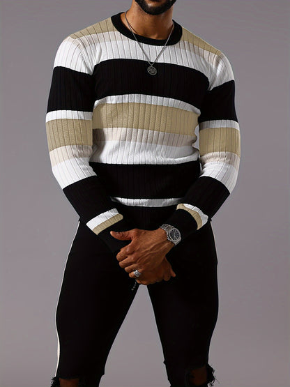 Men's Striped Color-Block Ribbed Knit Sweater - Long Sleeve Round Neck Pullover with Elastic Comfort Fit, Machine Washable Casual Fall Winter Top in Black/White/Green/Beige, Knit Sweater, Medium Elasticity
