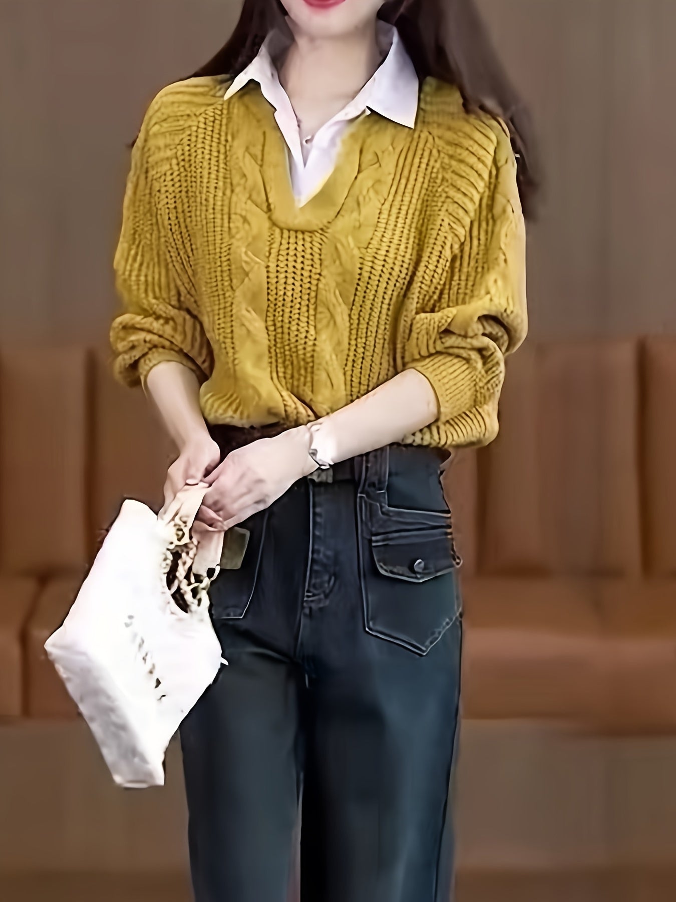 2 In 1 Contrast Color Collared Sweater, Chic Cable Knit Long Sleeve Polo Sweater For Fall & Winter, Women's Clothing