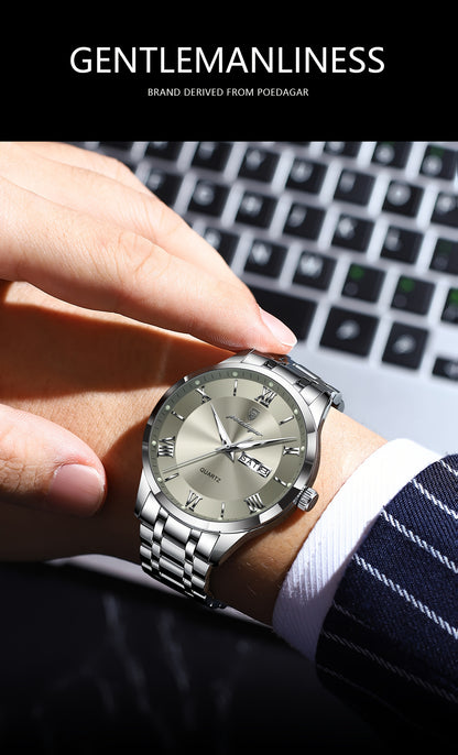 POEDAGAR Men'S Quartz Watch, Sports Style, Waterproof 3ATM, Luminous Calendar, Stainless Steel Strap, Pointer Display, Alloy Case, Electronic Drive, Non-Rechargeable Button Battery, with Spring Festival and Football Holiday T