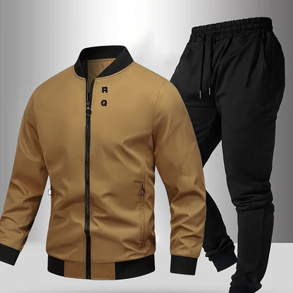 Men'S Casual Two-Piece Athletic Set - Black Baseball Collar Jacket with Zipper, Elastic Waistband Pants, Regular Fit for Spring/Fall, Spring Outerwear | Sporty Casualwear | Zippered Jacket