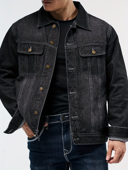 Men's Stylish Denim Jacket - Casual Long Sleeve with Flap Pockets, Machine Washable