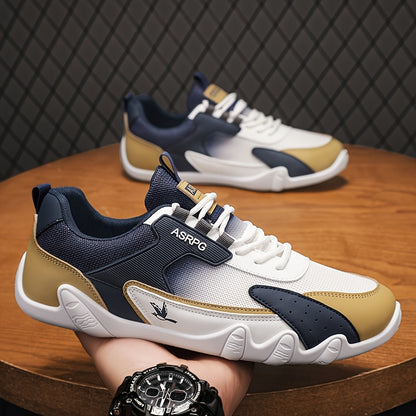 Men's Breathable Low-Top Casual Sneakers - Sporty Lace-Up Walking Shoes with Navy/White/Golden Accents, All-Season Outdoor & Everyday Comfort, Durable Fabric Upper & PVC Sole, Comfortable Footwear, Sleek Shoe Design, Lightwei