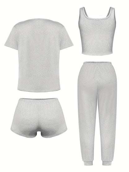 4pcs Women'S Sleepwear Set - Soft & Casual "Good Night" Print, Short Sleeve T-Shirt, Shorts & Pants with Bow Detail - Perfect for Spring, Summer, Fall & Winter - Soft, Comfortable Loungewear