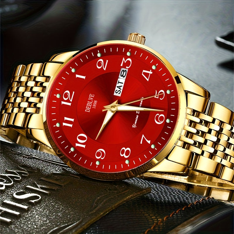 1pc DEBLOVE Men'S Stainless Steel Watch with Red Dial - Date, Calendar, Luminescent Hands & Markers, Quartz Movement, Business Casual Style, Perfect for Travel, Work, and Birthdays, Birthdays Gift|Elegant Watch Design|Quartz