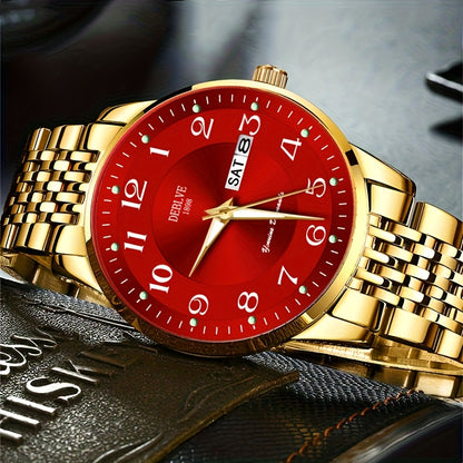 1pc DEBLOVE Men'S Stainless Steel Watch with Red Dial - Date, Calendar, Luminescent Hands & Markers, Quartz Movement, Business Casual Style, Perfect for Travel, Work, and Birthdays, Birthdays Gift|Elegant Watch Design|Quartz