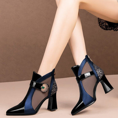 Geometric Pattern Sexy Heeled Sandals, Pointed Toe Zipper Closure, Mid Block Heel, Polyurethane Upper/Inner, Rubber Sole, Non-Washable - Fashionable Hollow Out Mesh Boots for Spring/Summer