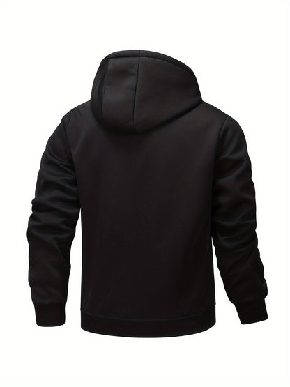 1pc Men'S Casual Style Hooded Jacket, Thick Fleece Lined, Warm Autumn/Winter Fashion, Solid Color, Polyester Knit with Pockets, Regular Fit