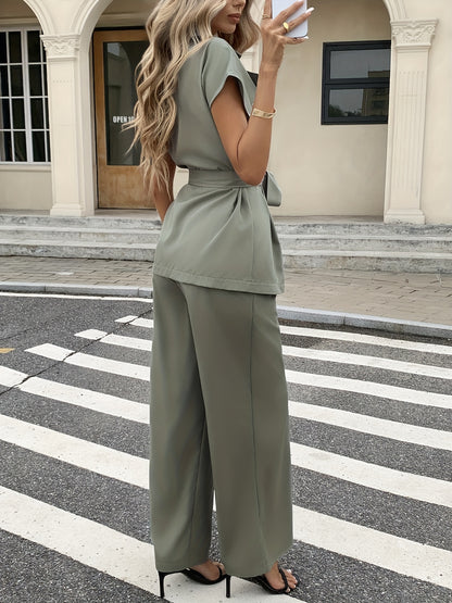 Women'S Elegant Drop Shoulder Suit Vest + Elastic Waist Ruched Pants Two-Piece Set with Belt