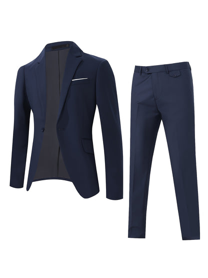 2pcs Men's Elegant Business Casual Suit Set - Includes Classic Lapel Blazer & Dress Pants, Polyester/Rayon Blend, with Pockets - Perfect for Weddings & Formal Occasions